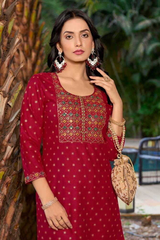 Nitya By Banwery Rayon Embroidery Gold Printed Plus Size Kurtis Wholesale Shop In Surat